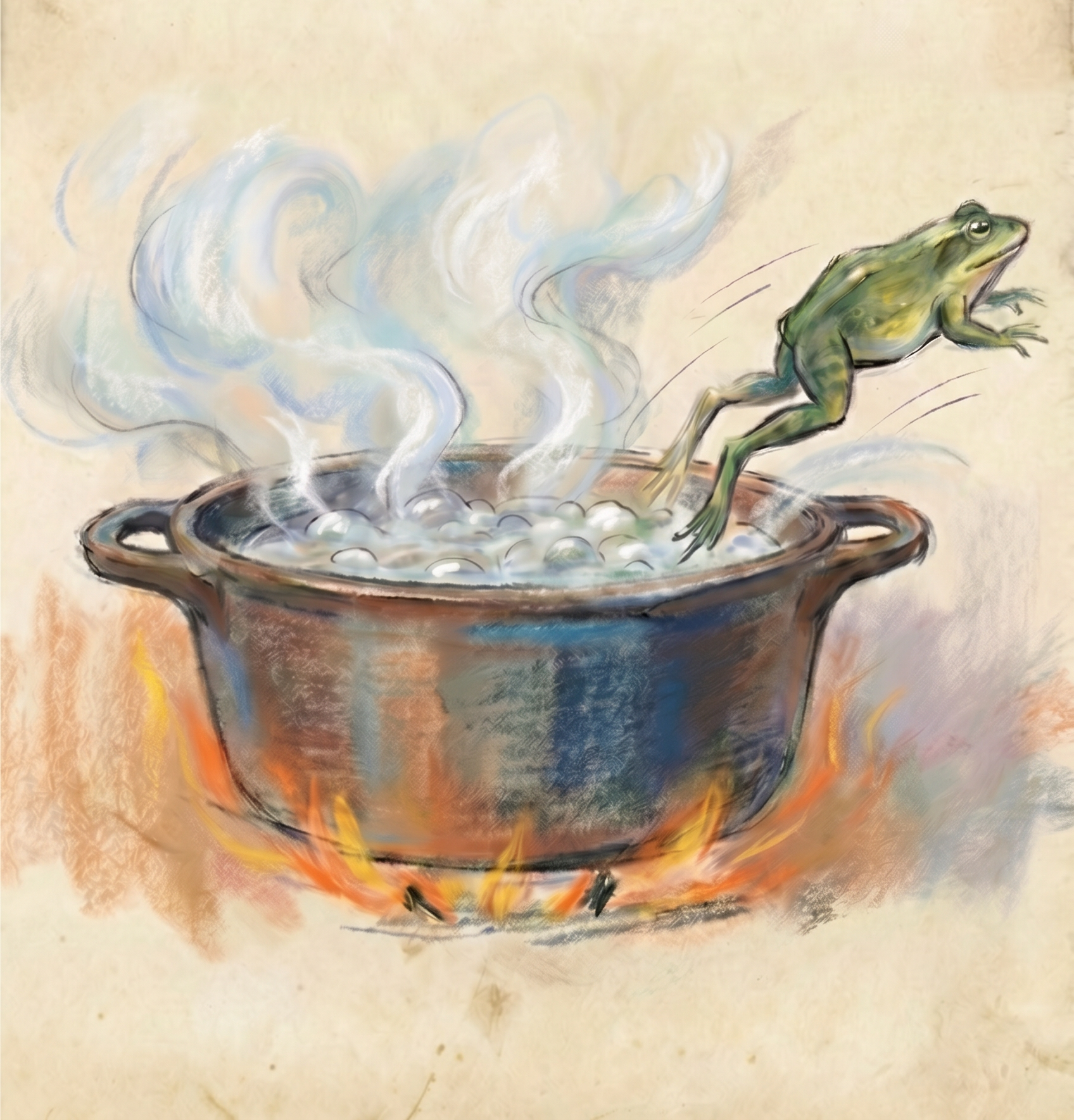 Illustration of a cast-iron pot of boiling water on flames with steam rising and a green frog leaping out to safety